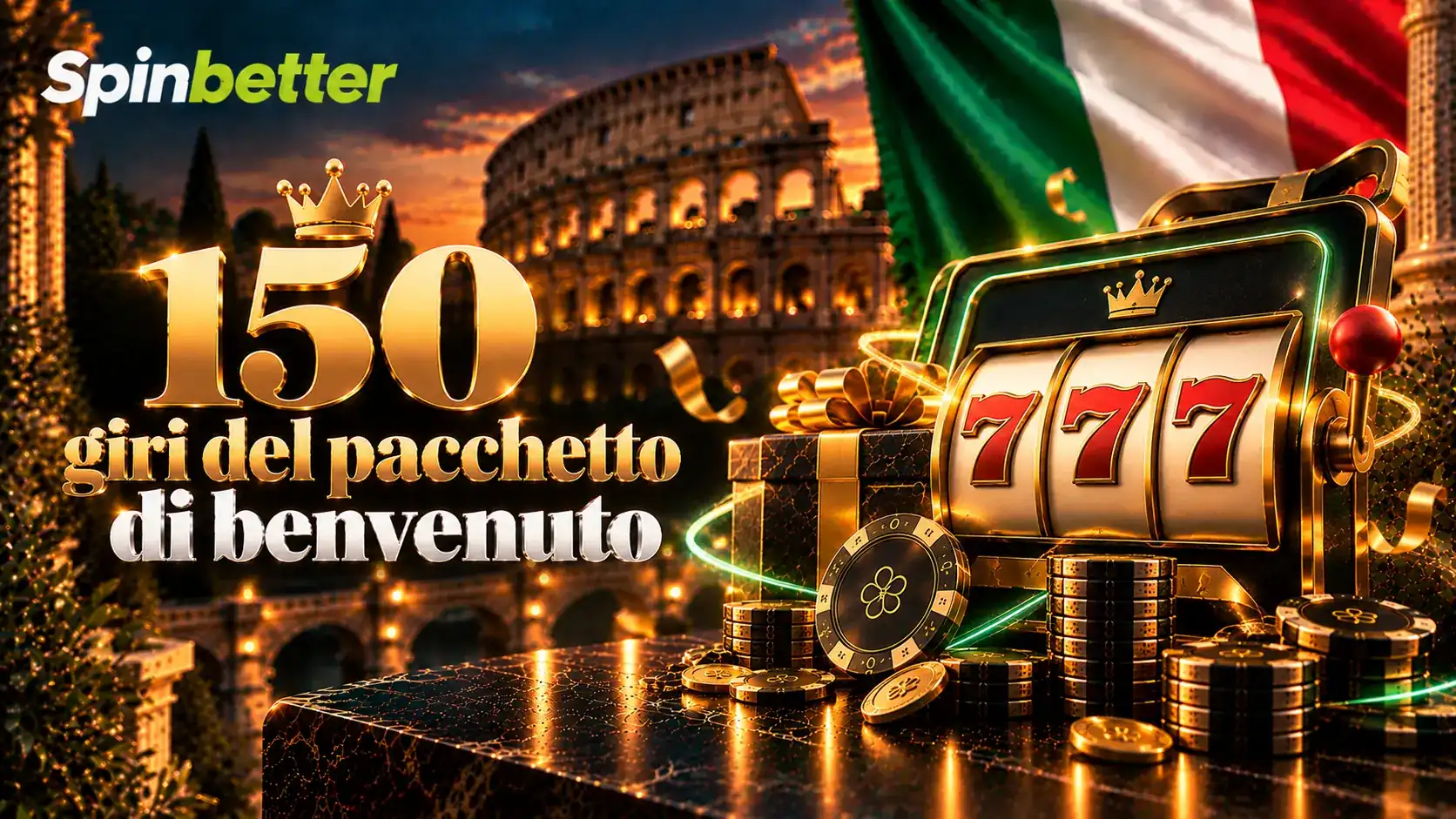 Banner dei 150 giri del pacchetto di benvenuto con slot e gettoni