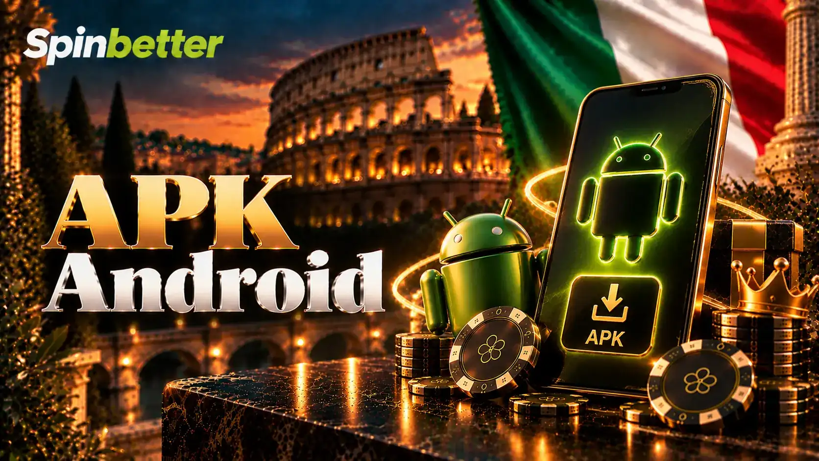 Banner dell'apk Android con robot verde e simbolo di download