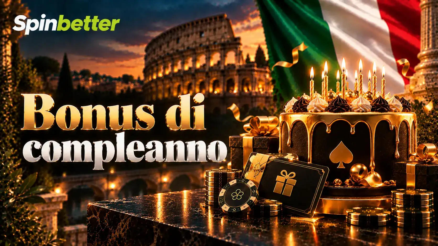 Banner del bonus di compleanno con torta e gettoni dorati