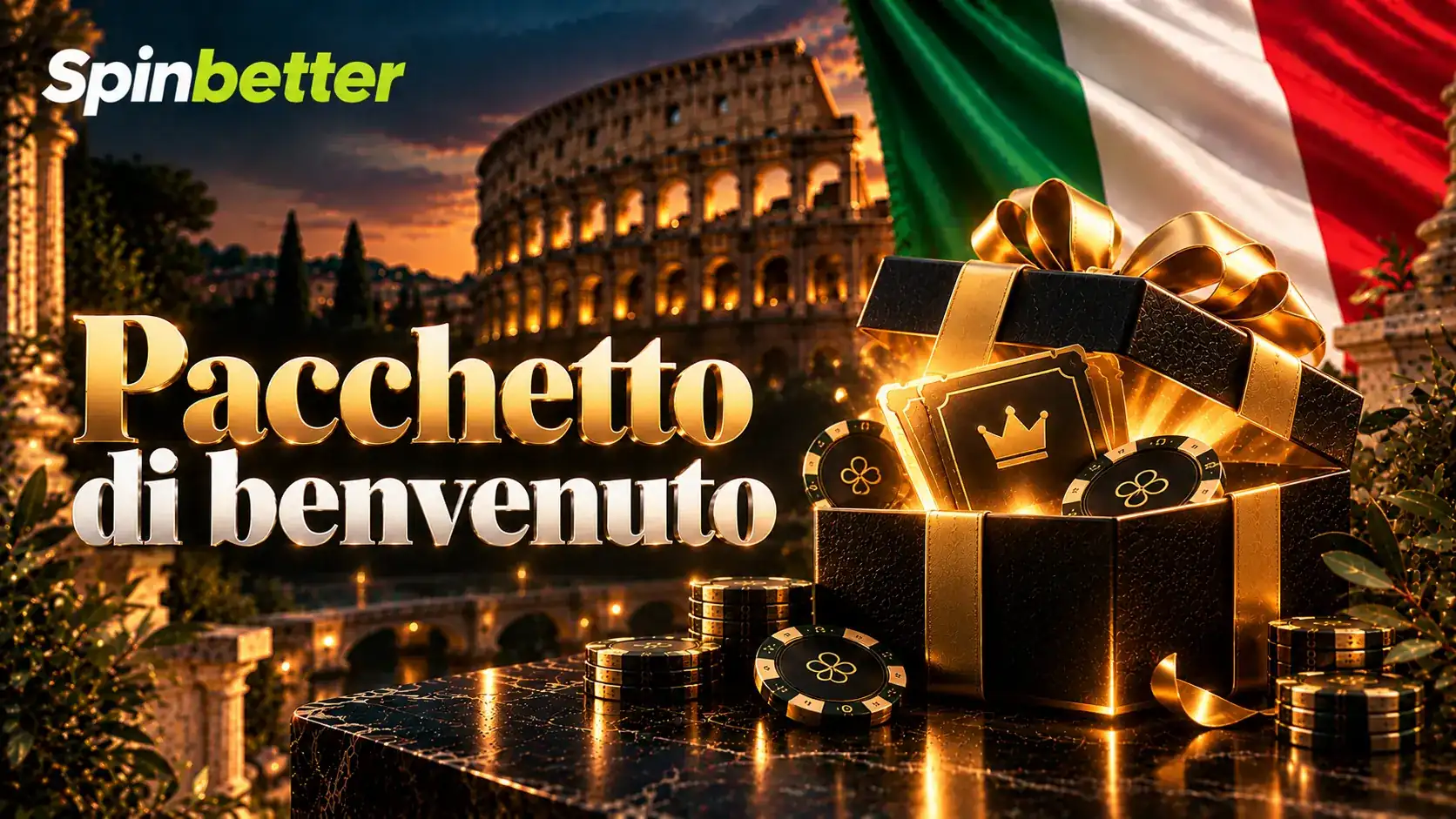 Banner del pacchetto di benvenuto con confezione regalo e gettoni