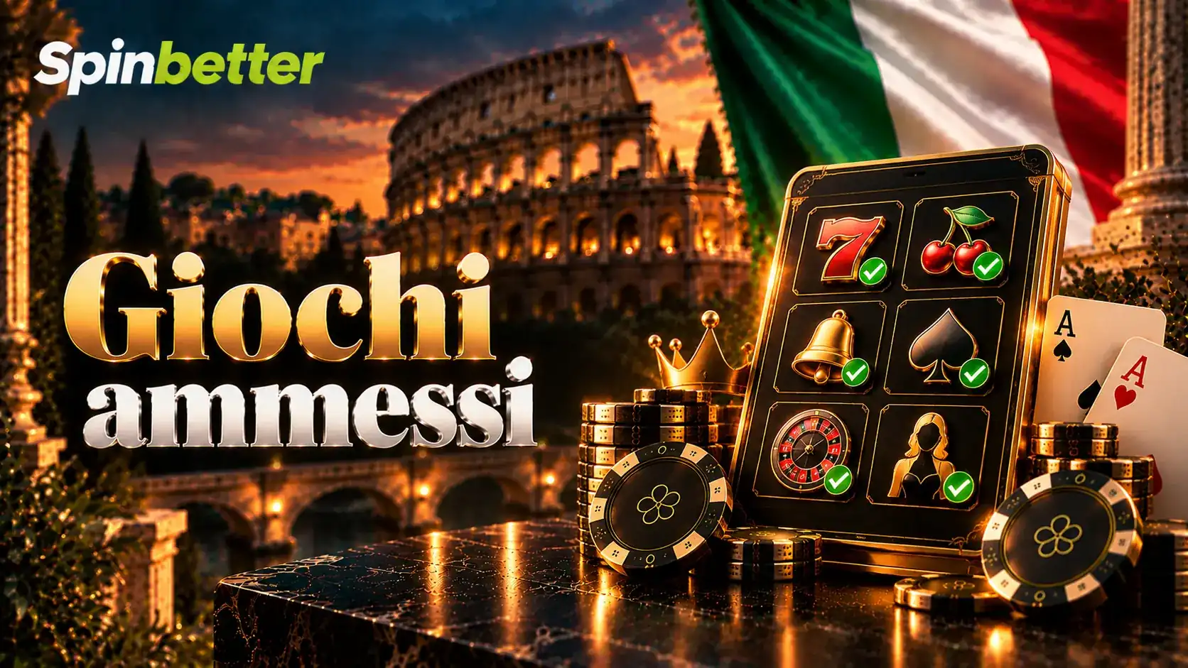 Banner sui giochi ammessi con simboli di slot e carte