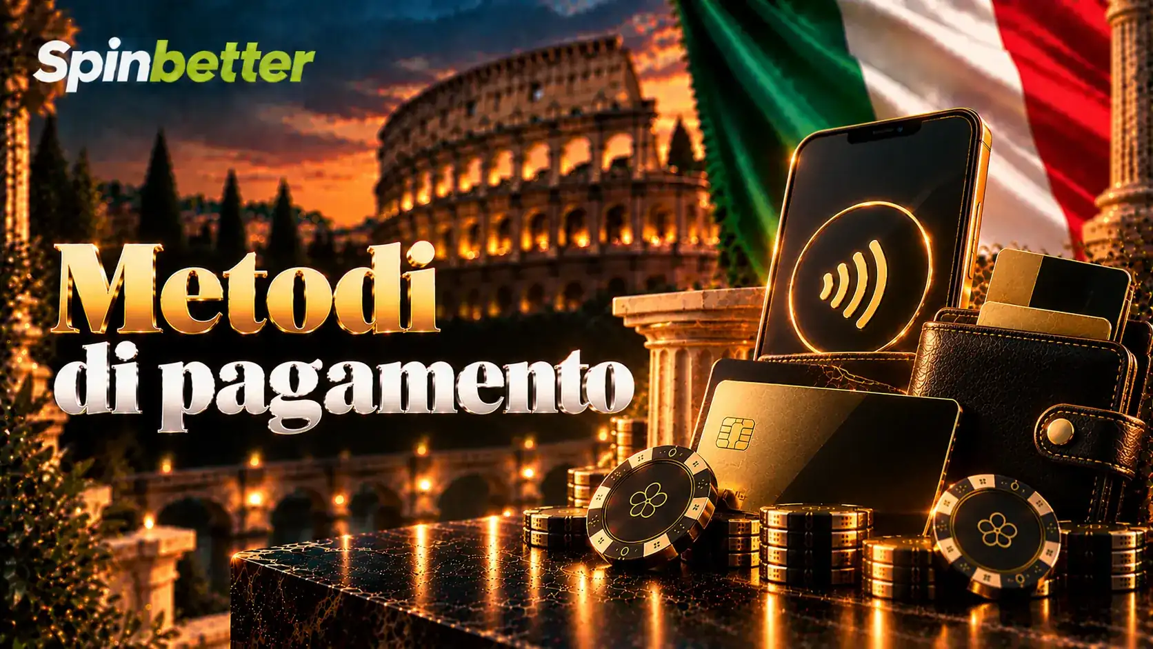 Banner sui metodi di pagamento con carte, portafoglio e simboli di valuta